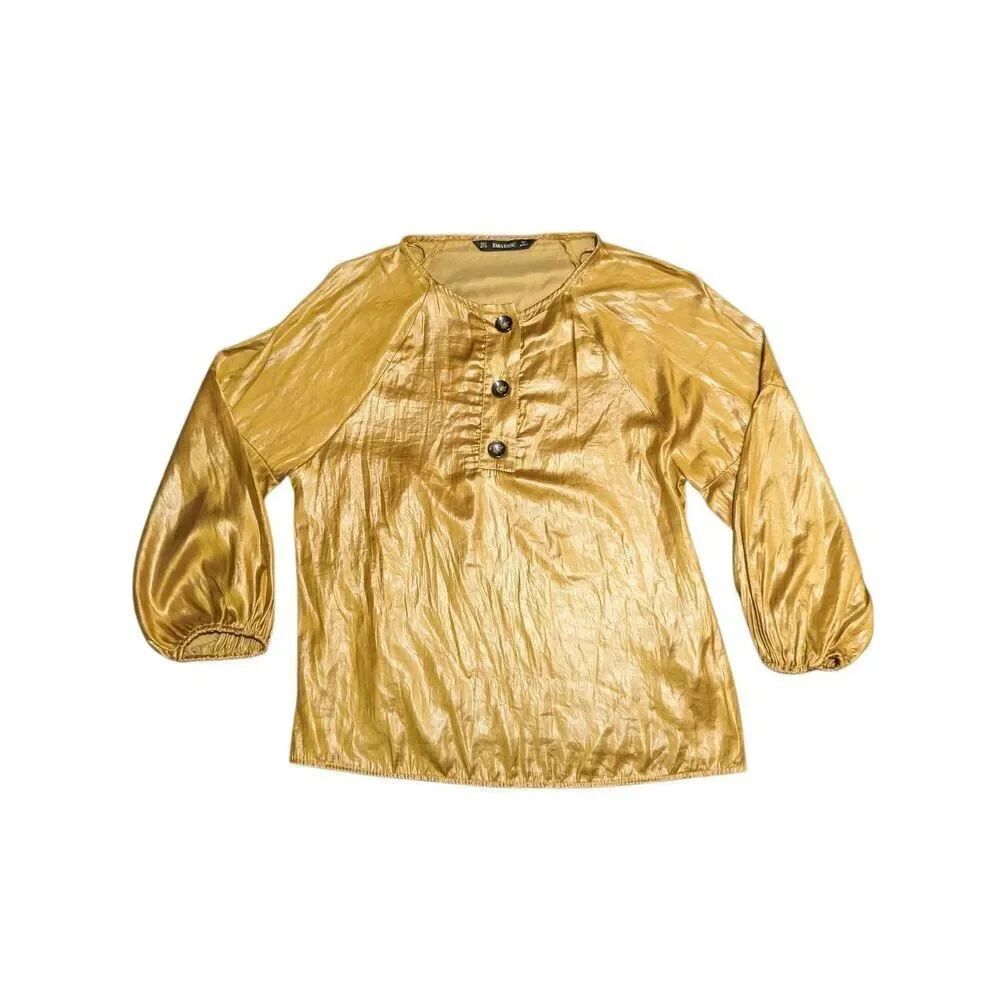 Zara Gold/Mustard Creased Effect Blouse Top S